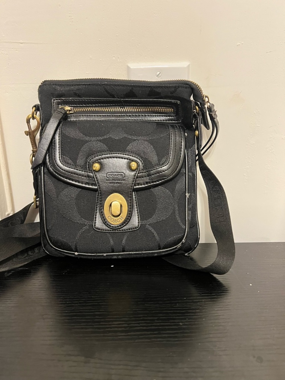 Coach Black Signature Messenger Bag with Gold Hardware